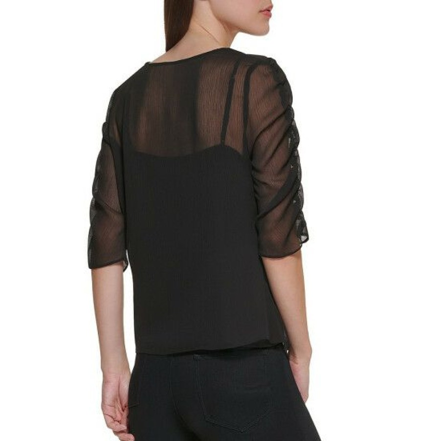 Women'S Clothing * | Wholesale Dkny Ruched Crinkle Short Sleeve V-Neck Chiffon Top Black