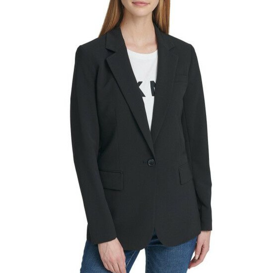 Women'S Clothing * | Buy Dkny Notch Lapel Long Sleeve Woven Blazer Jacket Black