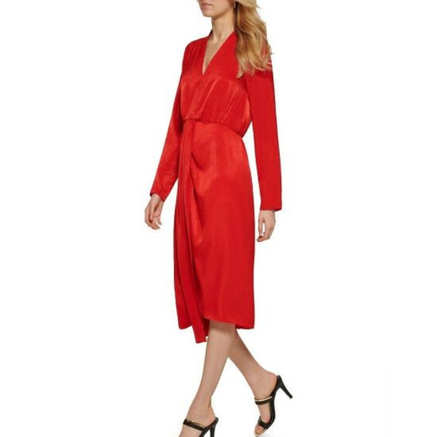 Women'S Clothing * | Brand New Dkny Satin V-Neck Long Sleeve Cinched Ruched Waist Midi Dress Scarlet