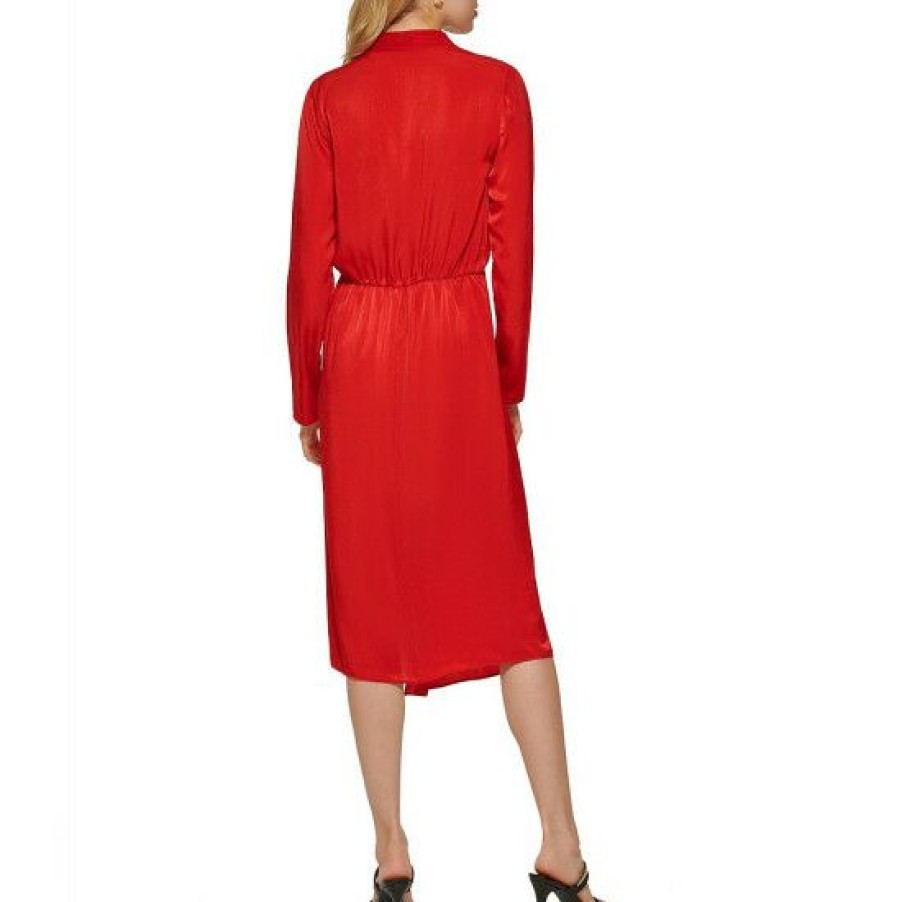 Women'S Clothing * | Brand New Dkny Satin V-Neck Long Sleeve Cinched Ruched Waist Midi Dress Scarlet