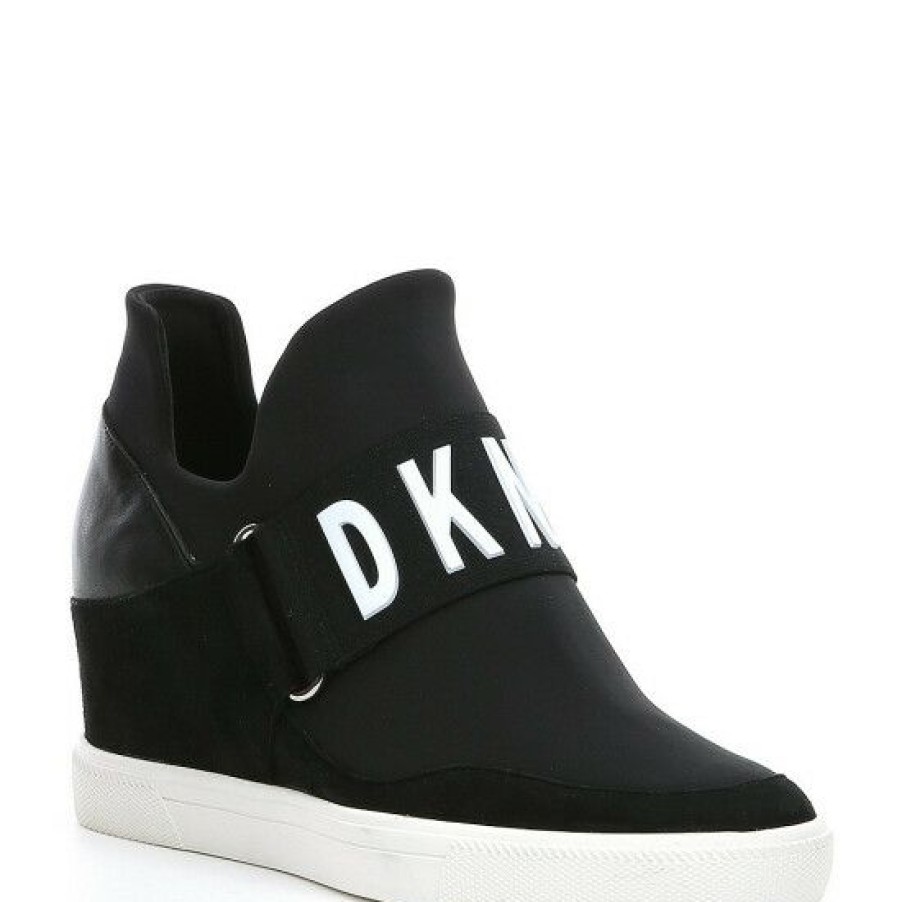 Shoes * | Brand New Dkny Cosmos Logo Hidden Wedge Slip On Sneakers Black