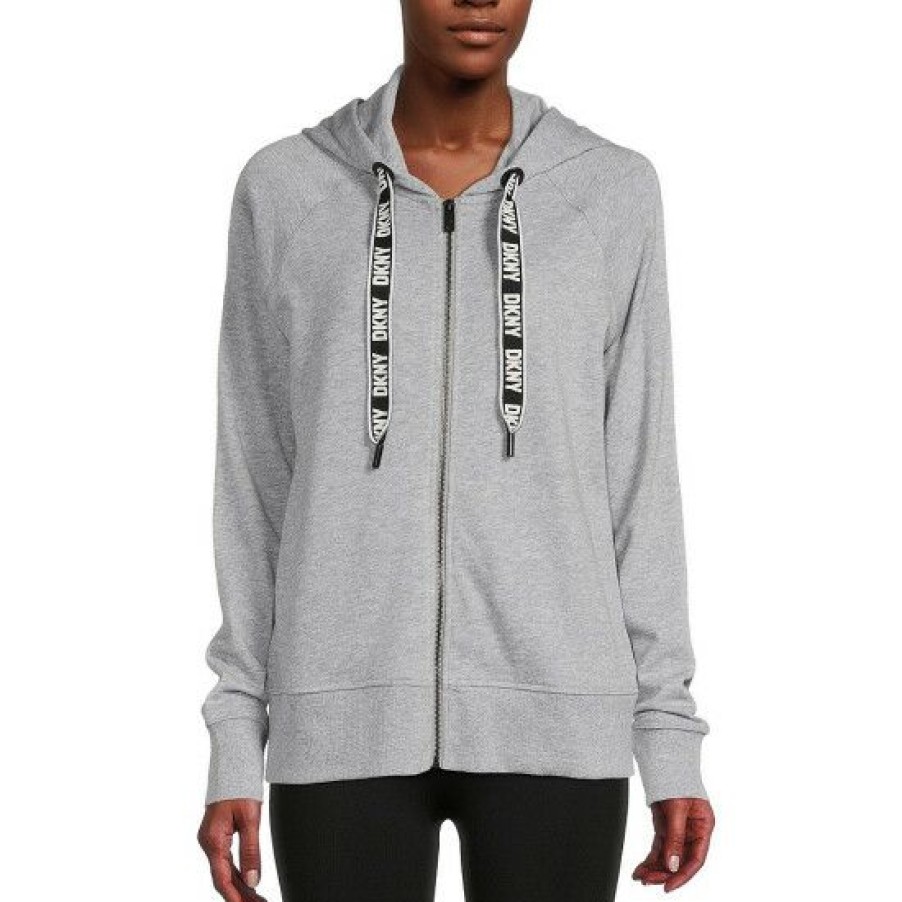 Women'S Clothing * | Best Sale Dkny Sport Repeat Logo Zip Front Draw Cord Hooded Jacket