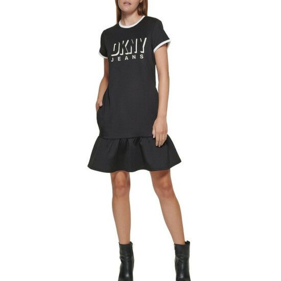 Women'S Clothing * | Hot Sale Dkny Jeans Logo Ruffle Hem Crew Neck Contrast Trim Short Sleeve Flounce Hem Shirt Dress Black