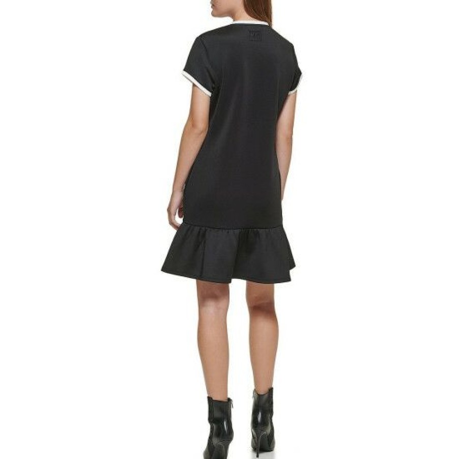 Women'S Clothing * | Hot Sale Dkny Jeans Logo Ruffle Hem Crew Neck Contrast Trim Short Sleeve Flounce Hem Shirt Dress Black