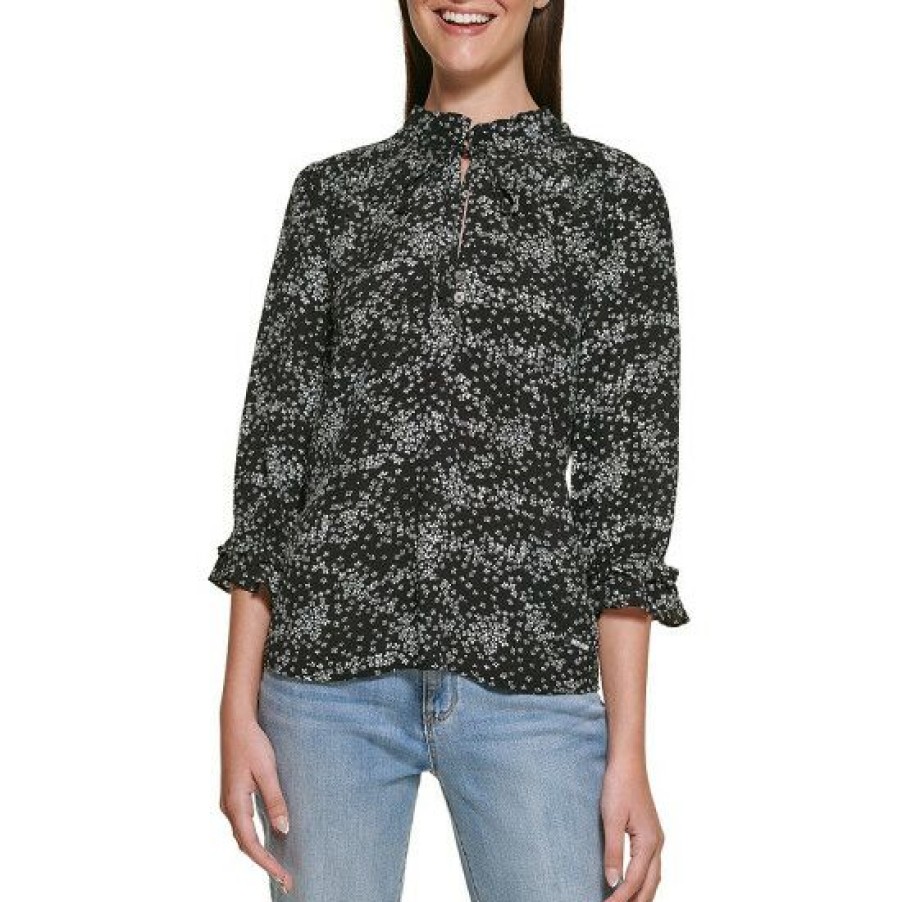 Women'S Clothing * | Top 10 Dkny Tie Neck Ditsy Floral Print Split Self-Tie V-Neck 3/4 Sleeve Top White/Black Multi