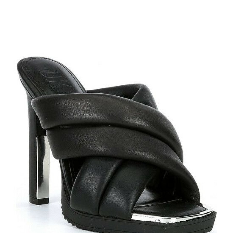 Shoes * | Promo Dkny Madena Leather Puff Strap Square Toe Dress Slides Black