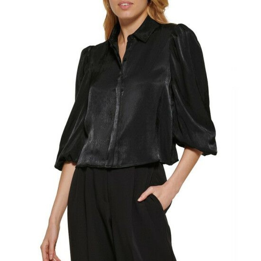 Women'S Clothing * | Wholesale Dkny 3/4 Ruched Puff Sleeve Point Collar Button Front Blouse Black