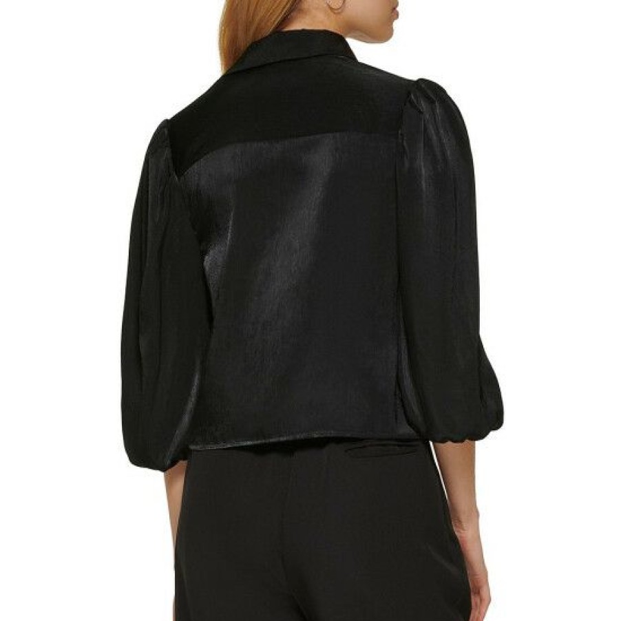 Women'S Clothing * | Wholesale Dkny 3/4 Ruched Puff Sleeve Point Collar Button Front Blouse Black