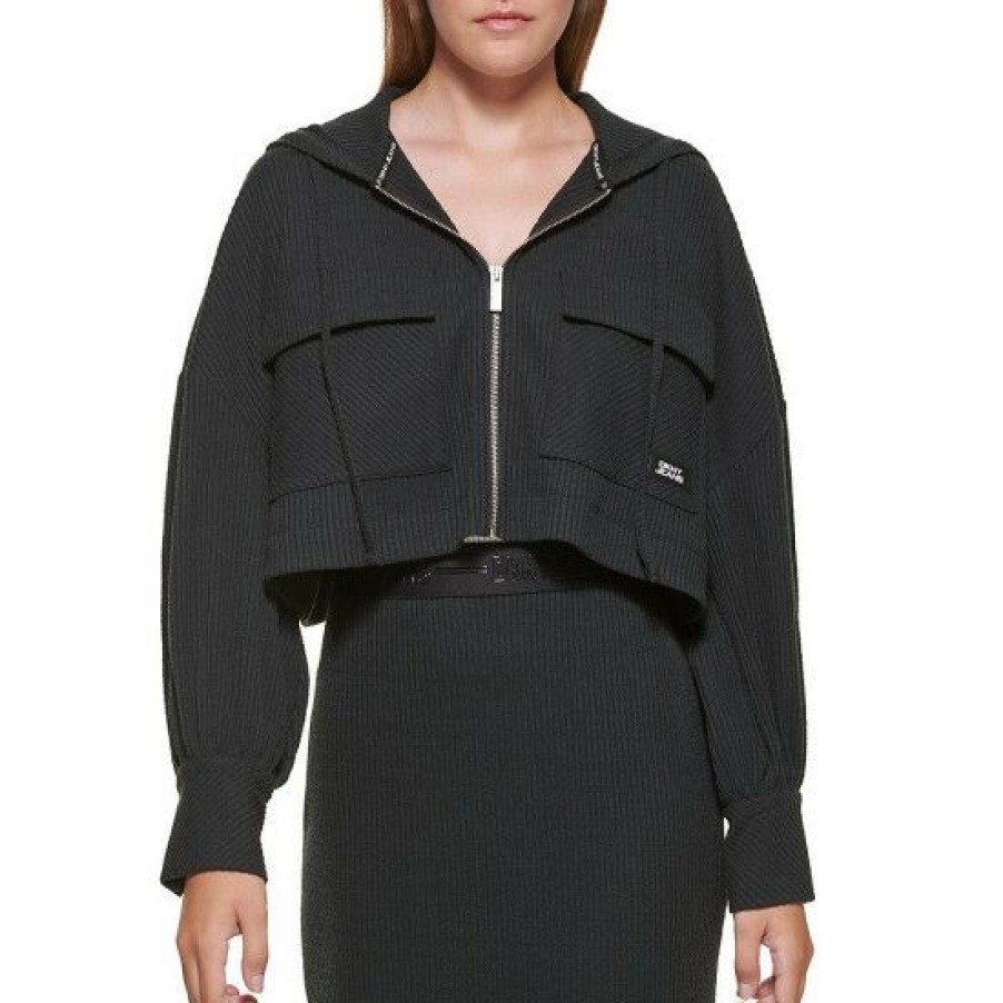 Women'S Clothing * | Best Reviews Of Dkny Jeans Drop Shoulder Ribbed Knit Zip Front Long Sleeve Cropped Hooded Jacket