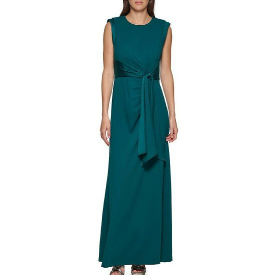 Women'S Clothing * | Deals Dkny Cap Sleeve Crew Neck Mixed Media Tie Waist Gown Forest Green