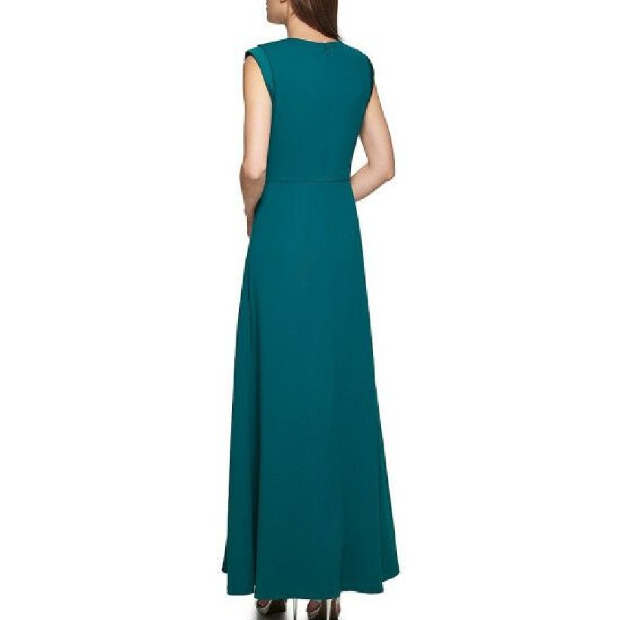 Women'S Clothing * | Deals Dkny Cap Sleeve Crew Neck Mixed Media Tie Waist Gown Forest Green