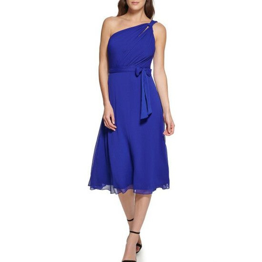 Women'S Clothing * | Discount Dkny Petite Size Sleeveless One Shoulder Cut-Out Tie Waist Chiffon Midi Dress Berry Blue