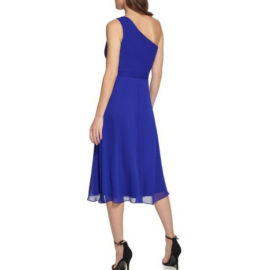 Women'S Clothing * | Discount Dkny Petite Size Sleeveless One Shoulder Cut-Out Tie Waist Chiffon Midi Dress Berry Blue