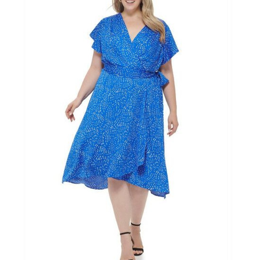 Women'S Clothing * | Best Deal Dkny Plus Size Tanzanite Print Short Flutter Sleeve Surplice V-Neck Faux Wrap Midi Dress Tanzanite Multi