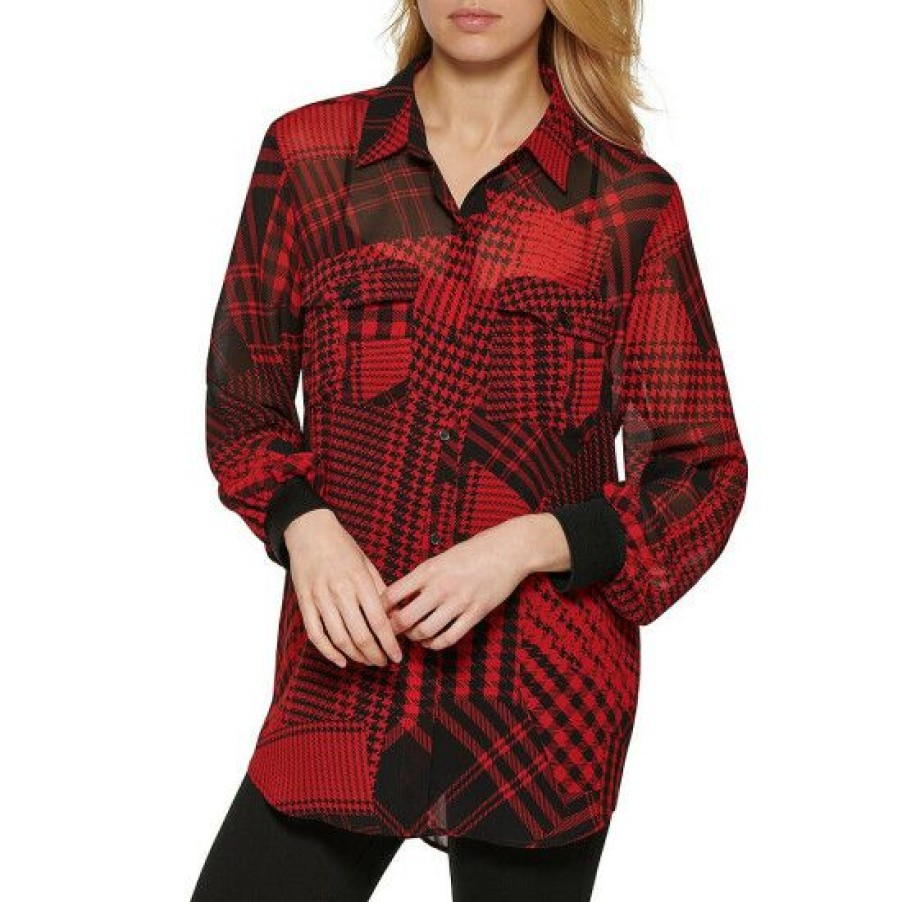 Women'S Clothing * | Deals Dkny Button Down Collar Long Sleeve Patch Pocket Scoop Hem Plaid Print Blouse Black Scarlet Multi