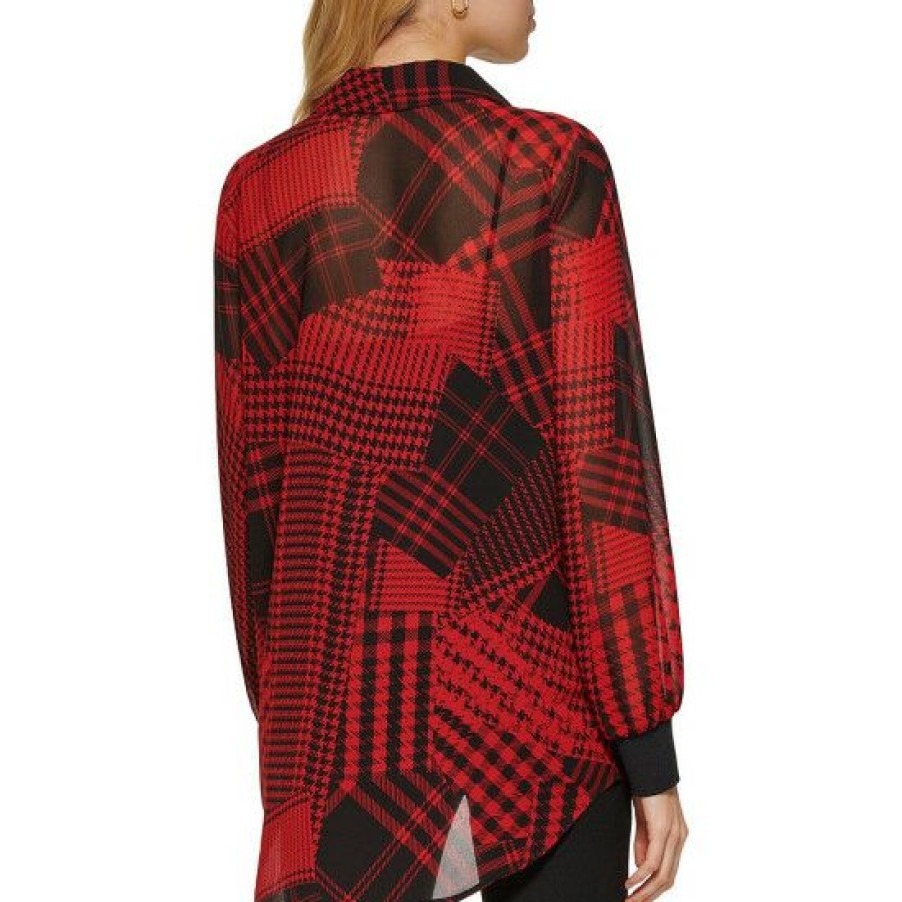 Women'S Clothing * | Deals Dkny Button Down Collar Long Sleeve Patch Pocket Scoop Hem Plaid Print Blouse Black Scarlet Multi