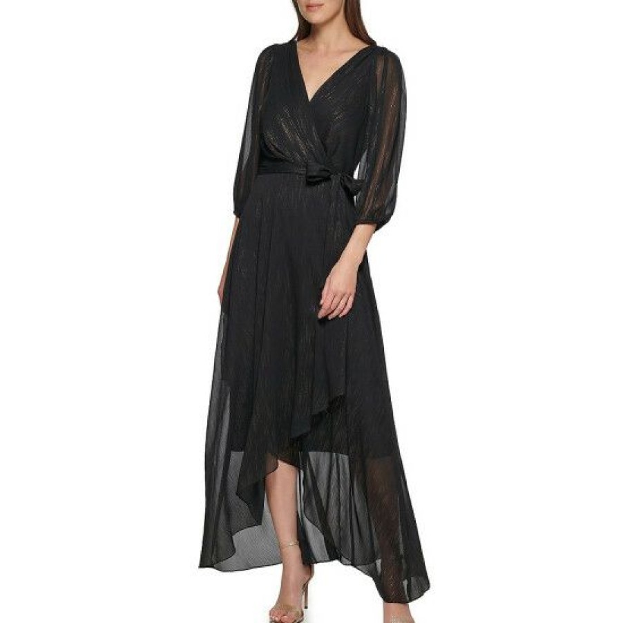 Women'S Clothing * | Discount Dkny Metallic 3/4 Balloon Sleeve Surplice V-Neck Ruffle High-Low Tie Waist Faux Wrap Dress Black/Gold