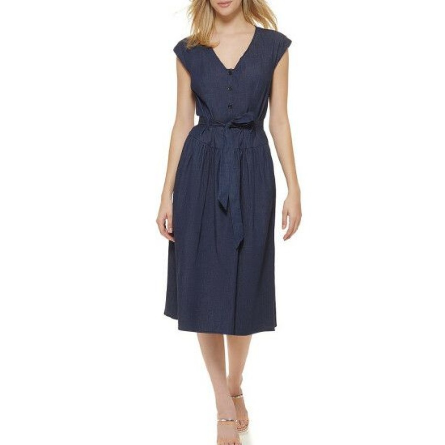 Women'S Clothing * | Flash Sale Dkny Wash Denim Tie Waist V-Neck Cap Sleeve Midi Dress Dark Blue