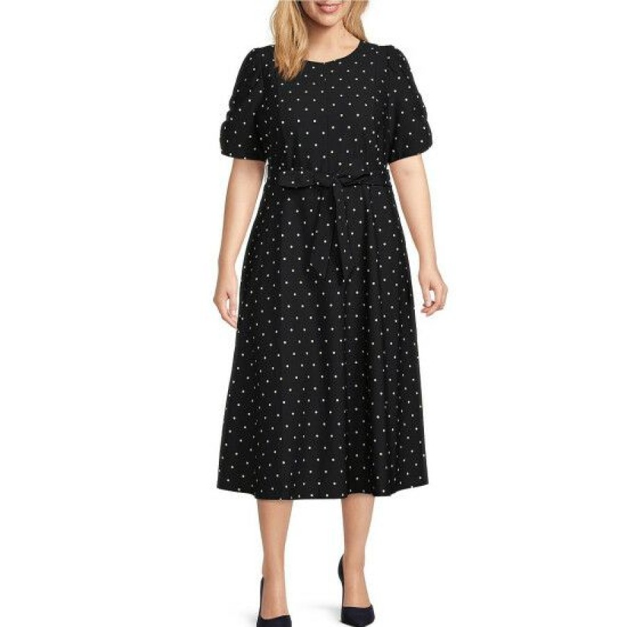 Women'S Clothing * | Budget Dkny Plus Size Polka Dot Print Scuba Crepe Short Ruched Sleeve Crew Neck Tie Waist Midi Dress Midnight/Ivory