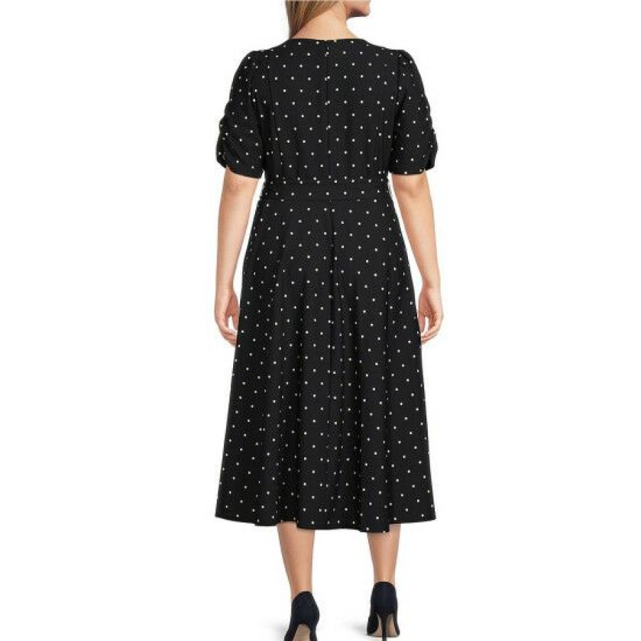 Women'S Clothing * | Budget Dkny Plus Size Polka Dot Print Scuba Crepe Short Ruched Sleeve Crew Neck Tie Waist Midi Dress Midnight/Ivory