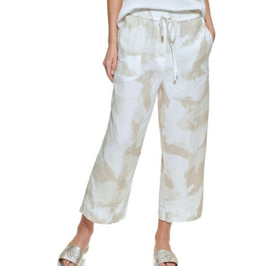 Women'S Clothing * | New Dkny Wide Leg Printed Linen Drawstring Waist Cropped Pants Natural Multi