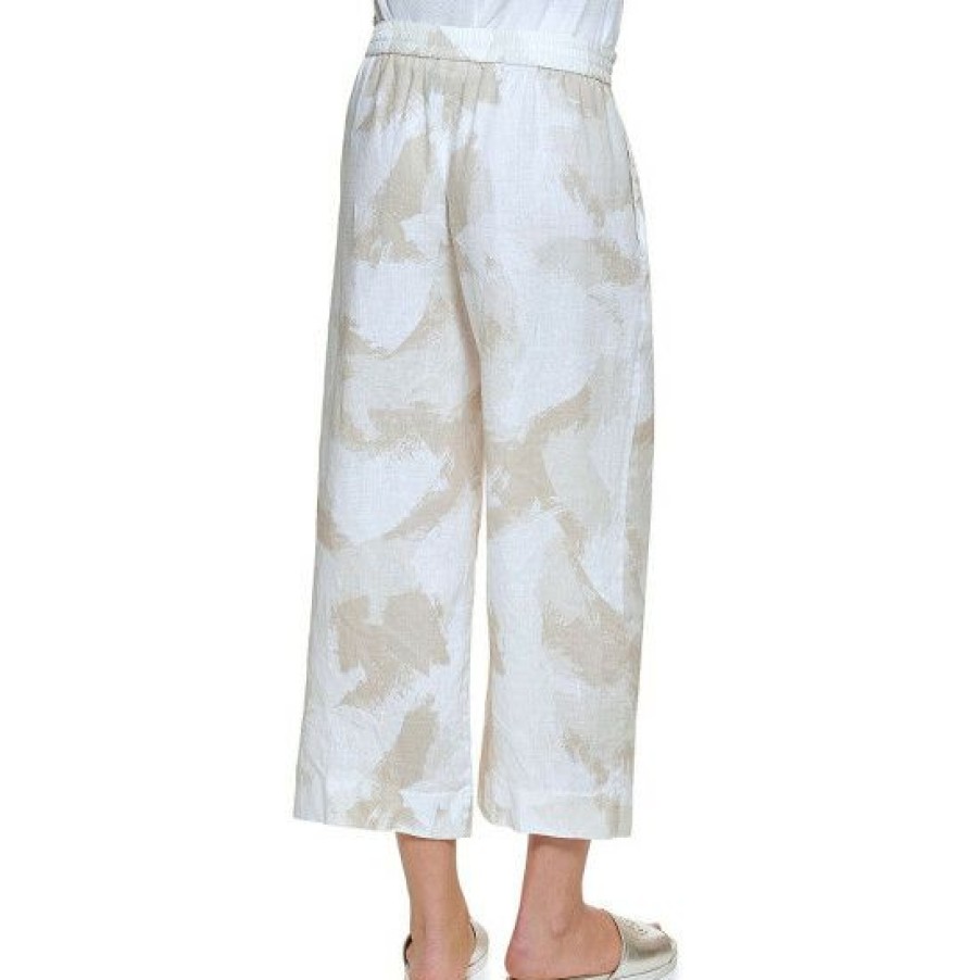 Women'S Clothing * | New Dkny Wide Leg Printed Linen Drawstring Waist Cropped Pants Natural Multi