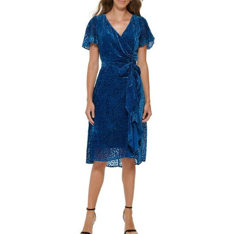 Women'S Clothing * | Discount Dkny Velvet Burnout V-Neck Short Flutter Sleeve Faux Wrap High-Low Dress Deep Ocean