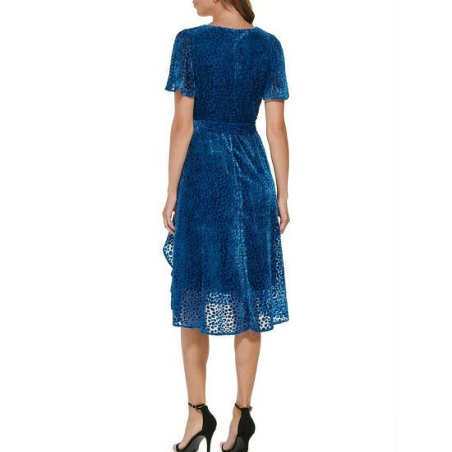 Women'S Clothing * | Discount Dkny Velvet Burnout V-Neck Short Flutter Sleeve Faux Wrap High-Low Dress Deep Ocean