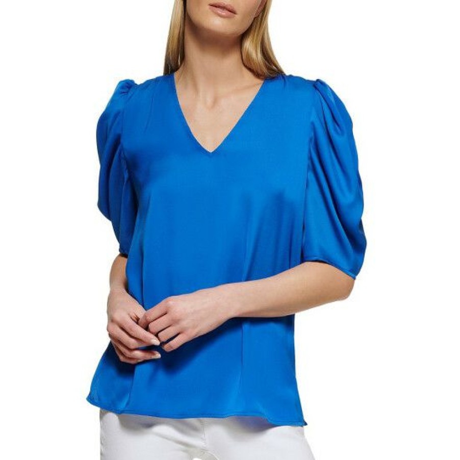 Women'S Clothing * | Top 10 Dkny Puckered Satin V-Neck Short Puffed Sleeve Top