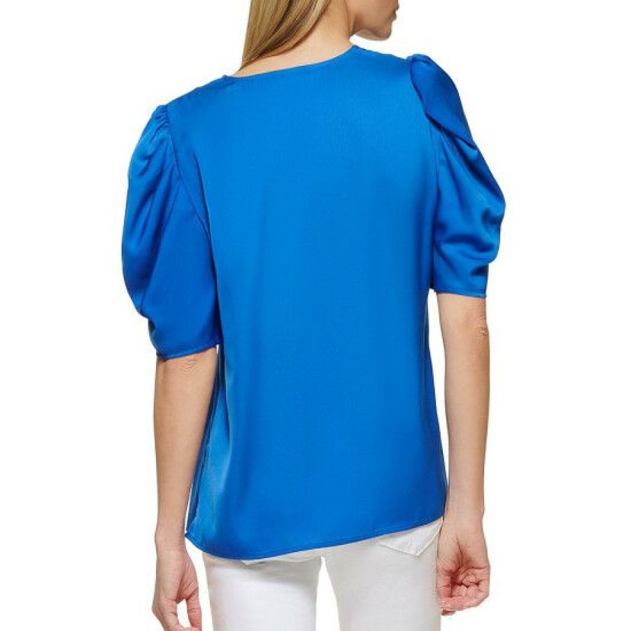 Women'S Clothing * | Top 10 Dkny Puckered Satin V-Neck Short Puffed Sleeve Top