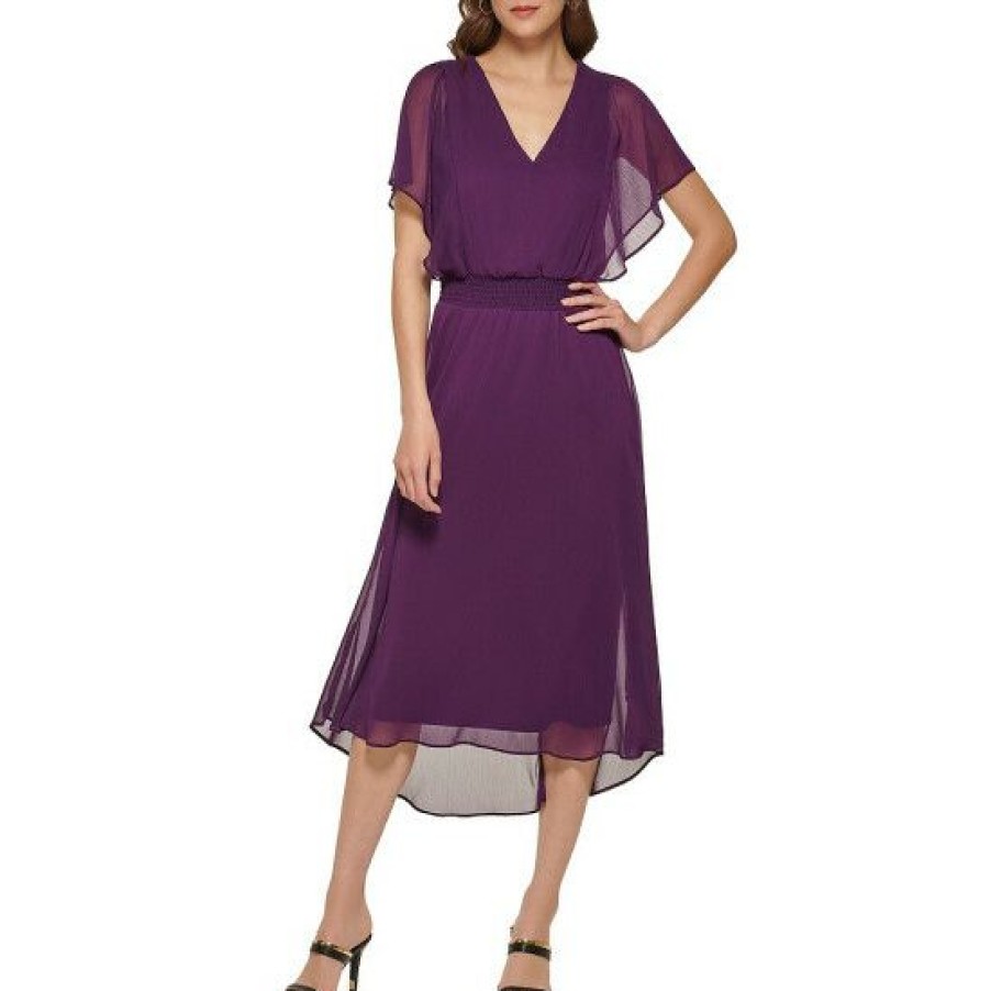 Women'S Clothing * | Cheapest Dkny V-Neck Short Flutter Sleeve Smocked Waist Midi Dress Wine