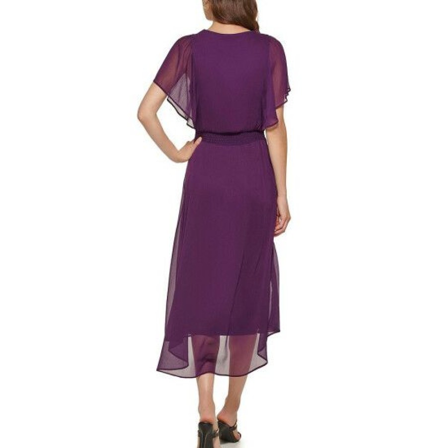 Women'S Clothing * | Cheapest Dkny V-Neck Short Flutter Sleeve Smocked Waist Midi Dress Wine