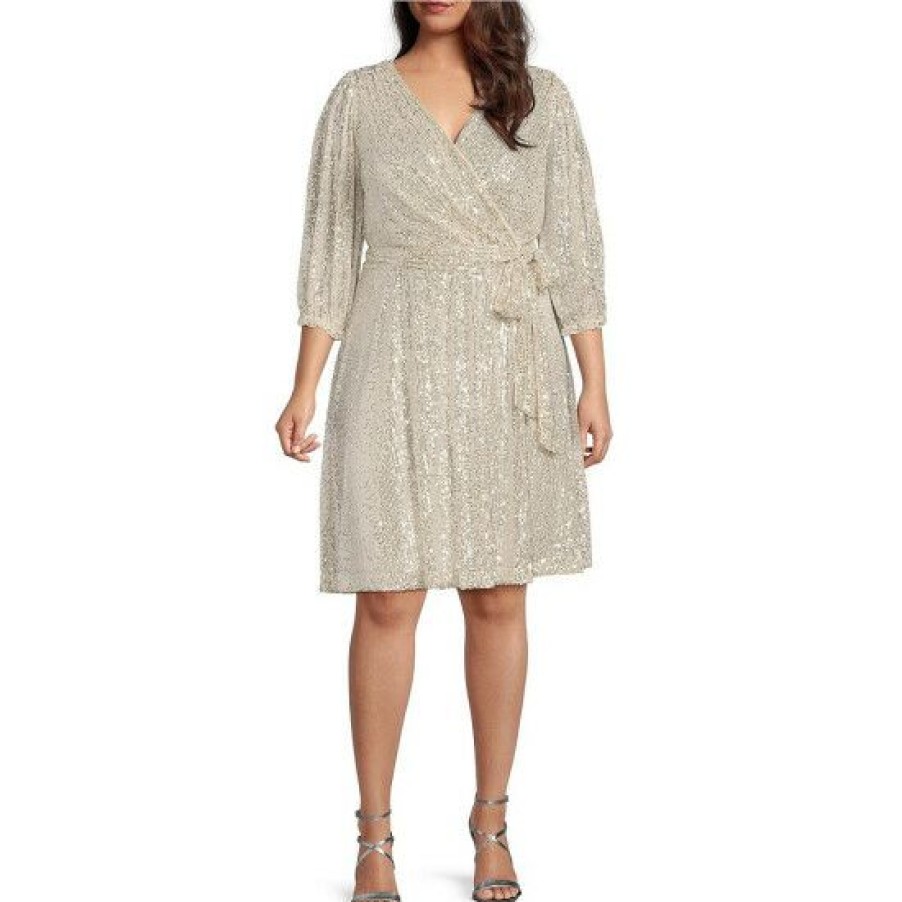 Women'S Clothing * | Coupon Dkny Plus Size Surplice V-Neck Long Sleeve Sequin Faux Wrap Dress Silver