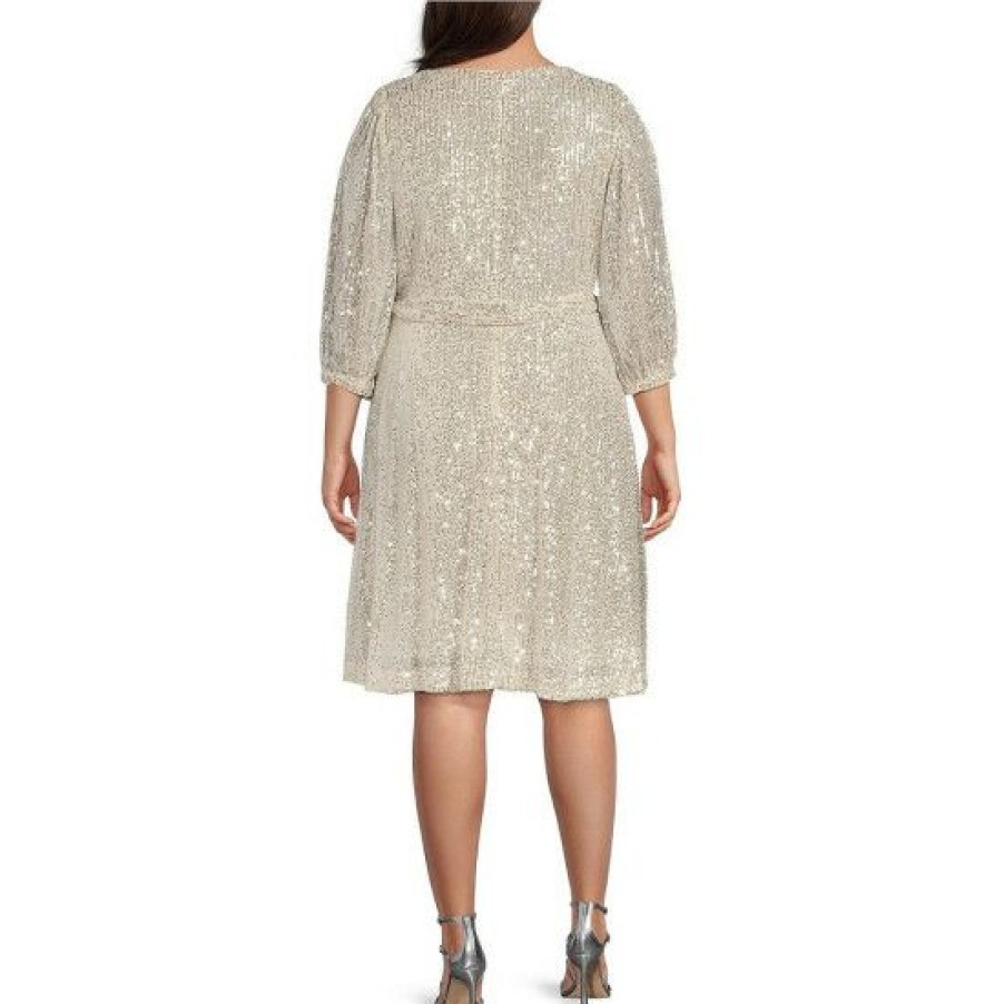 Women'S Clothing * | Coupon Dkny Plus Size Surplice V-Neck Long Sleeve Sequin Faux Wrap Dress Silver