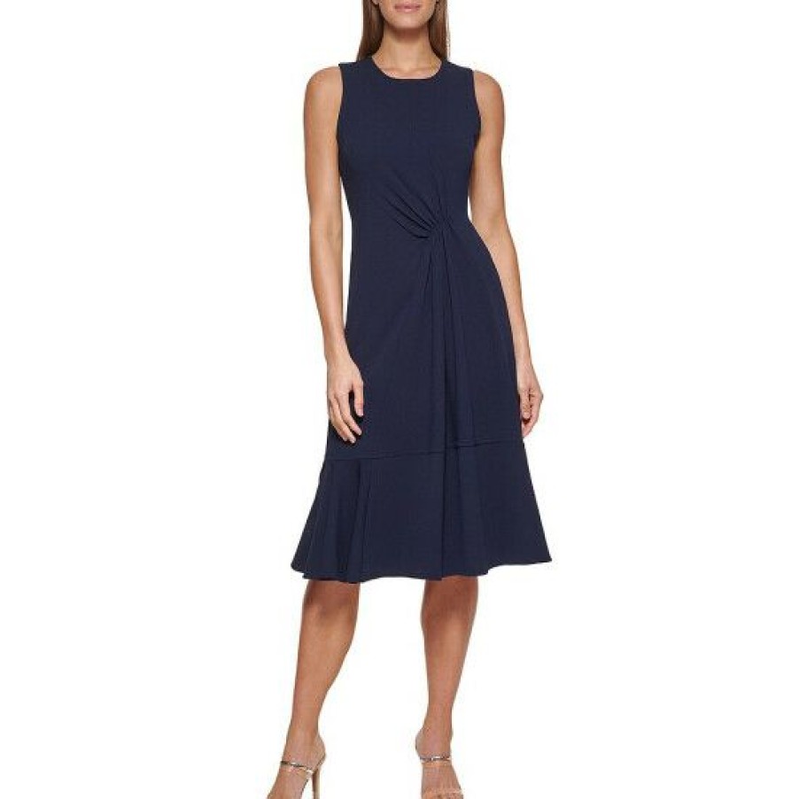 Women'S Clothing * | Coupon Dkny Stretch Scuba Crepe Crew Neck Sleeveless Side Ruched A-Line Midi Dress Navy