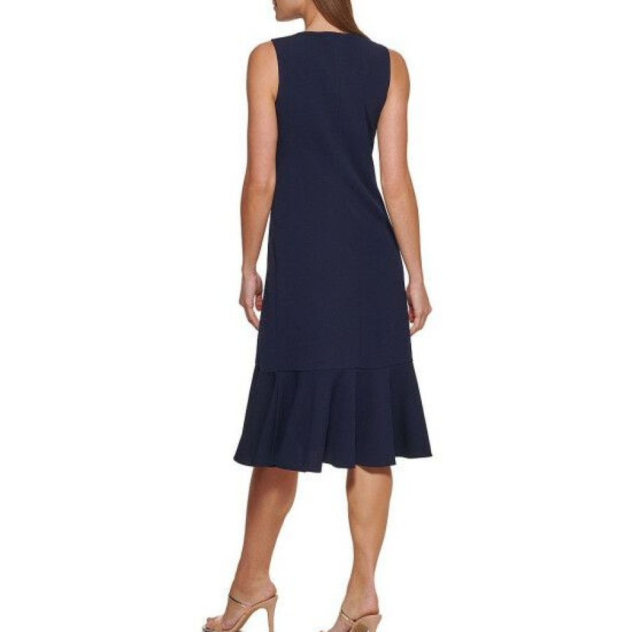 Women'S Clothing * | Coupon Dkny Stretch Scuba Crepe Crew Neck Sleeveless Side Ruched A-Line Midi Dress Navy