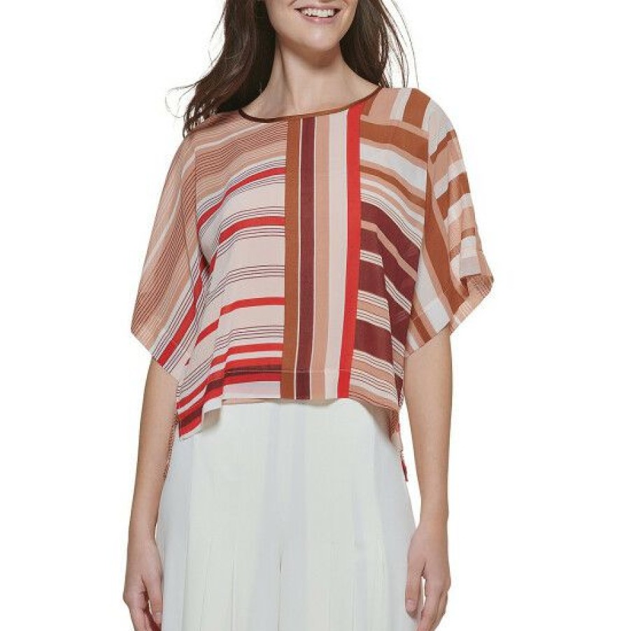 Women'S Clothing * | Best Sale Dkny Chiffon Stripe Print Drop Shoulder Boat Neck Short Sleeve Cropped Blouse French Nude Multi