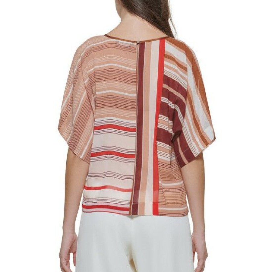 Women'S Clothing * | Best Sale Dkny Chiffon Stripe Print Drop Shoulder Boat Neck Short Sleeve Cropped Blouse French Nude Multi