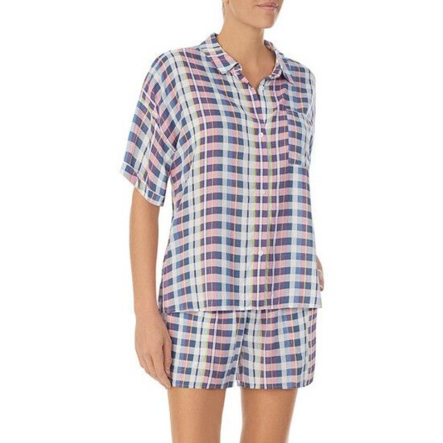 Lingerie * | Hot Sale Dkny Plaid Print Point Collar Short Sleeve Button Front Pajama Set Plaid Multi