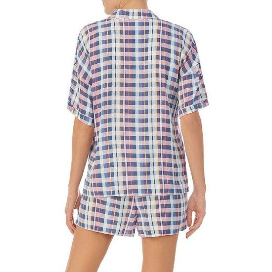 Lingerie * | Hot Sale Dkny Plaid Print Point Collar Short Sleeve Button Front Pajama Set Plaid Multi