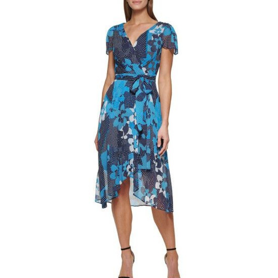 Women'S Clothing * | Flash Sale Dkny Retro Floral Print Short Flutter Sleeve Surplice V-Neck Faux Wrap Midi Dress Blue Multi