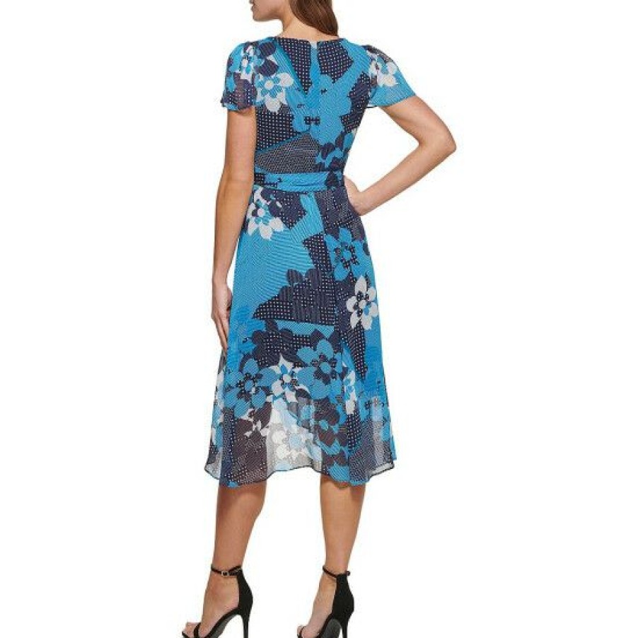 Women'S Clothing * | Flash Sale Dkny Retro Floral Print Short Flutter Sleeve Surplice V-Neck Faux Wrap Midi Dress Blue Multi