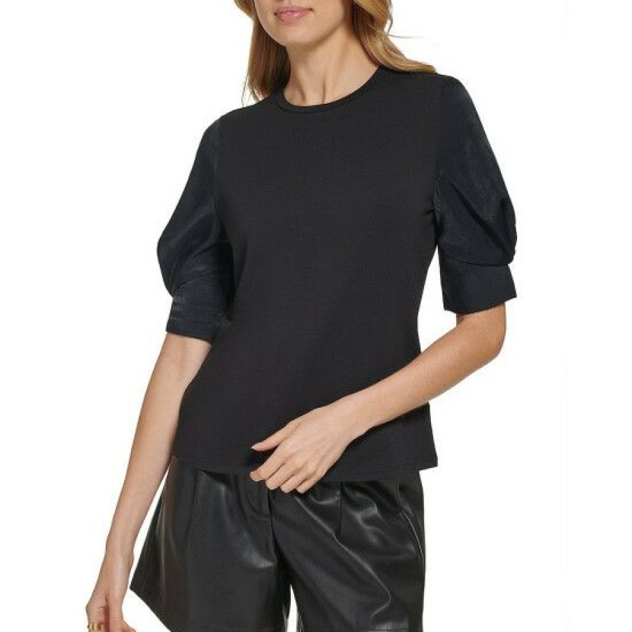 Women'S Clothing * | Coupon Dkny Crew Neck Twist Short Puff Sleeve Blouse