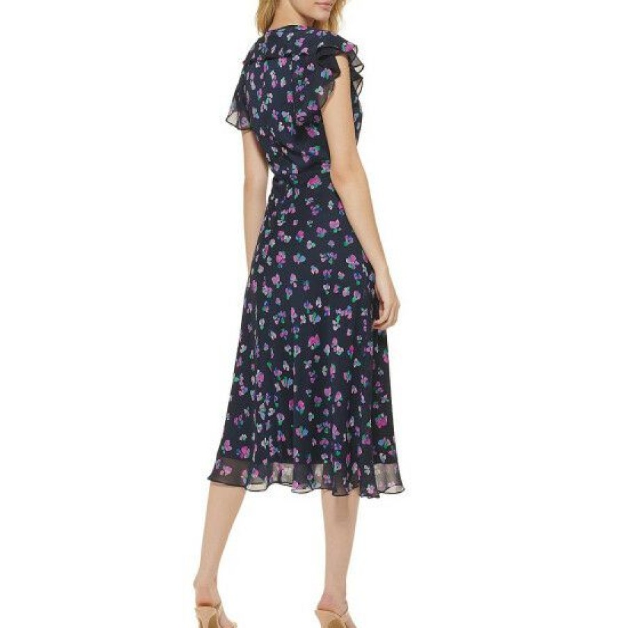 Women'S Clothing * | Cheap Dkny Floral Print Chiffon Smocked Crew Neck Flutter Cap Sleeve Midi Dress Midnight