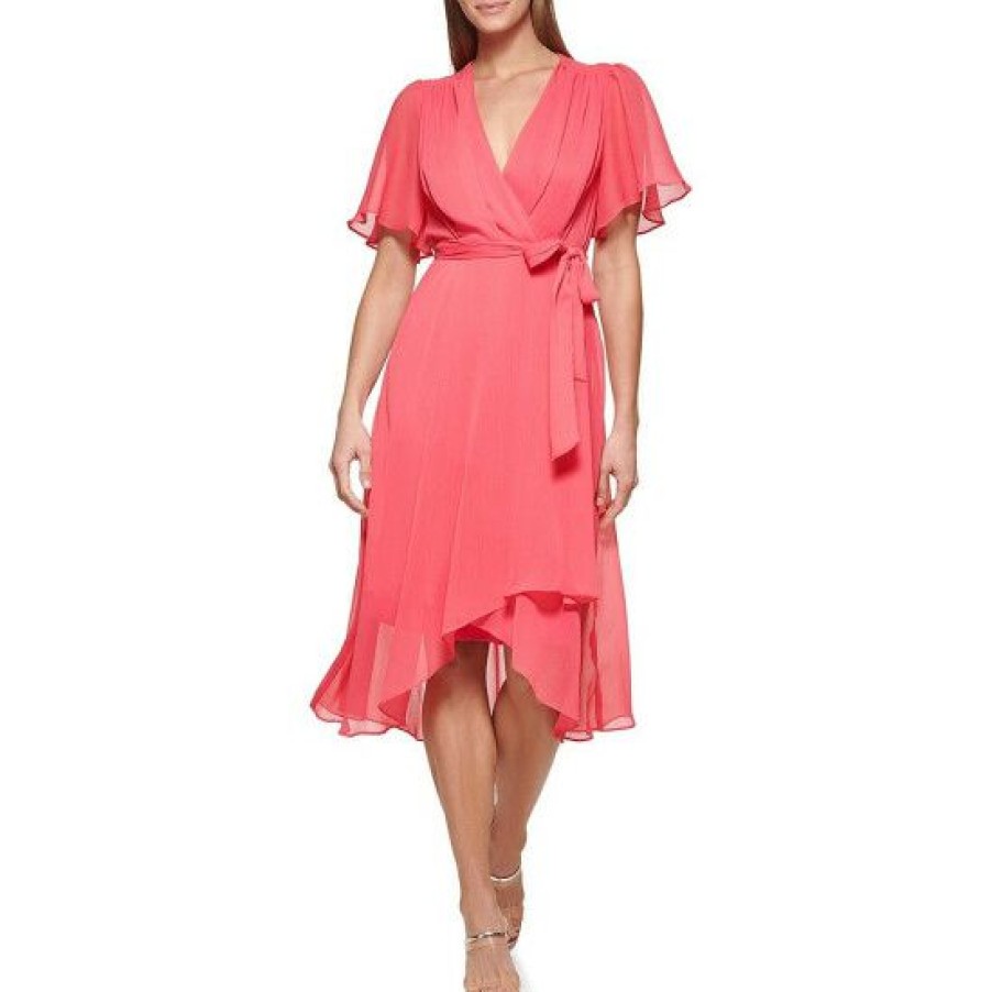 Women'S Clothing * | Top 10 Dkny Chiffon Short Flutter Sleeve Surplice V-Neck Tie Waist Faux Wrap Tulip Hem Midi Dress Punch