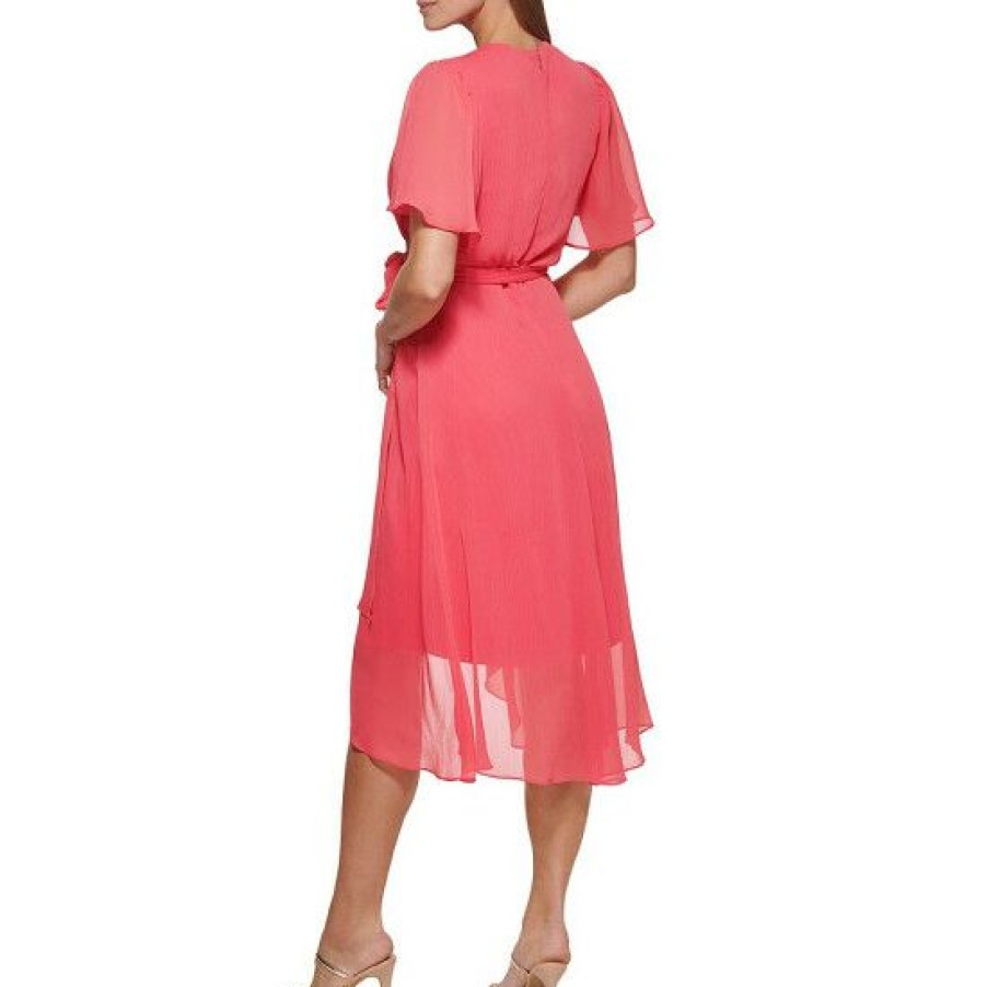 Women'S Clothing * | Top 10 Dkny Chiffon Short Flutter Sleeve Surplice V-Neck Tie Waist Faux Wrap Tulip Hem Midi Dress Punch