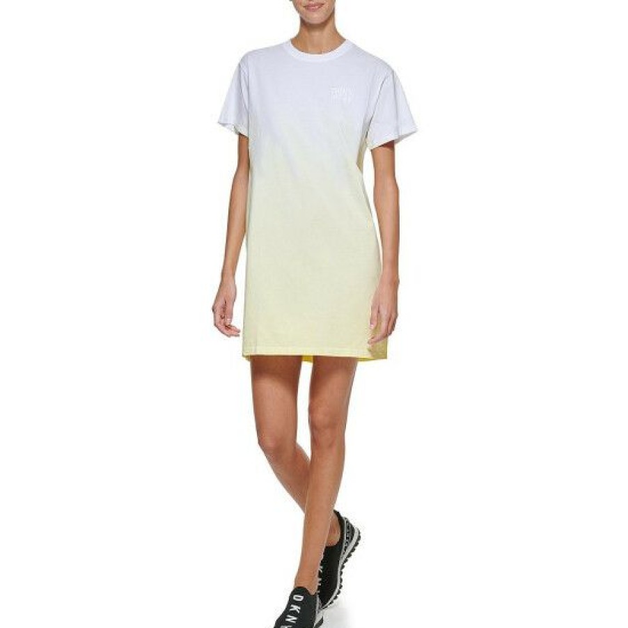 Women'S Clothing * | Cheap Dkny Sport Slub Jersey Embroidered Logo Short Sleeve Crew Neck Dip Dye T-Shirt Dress Lemon Tart