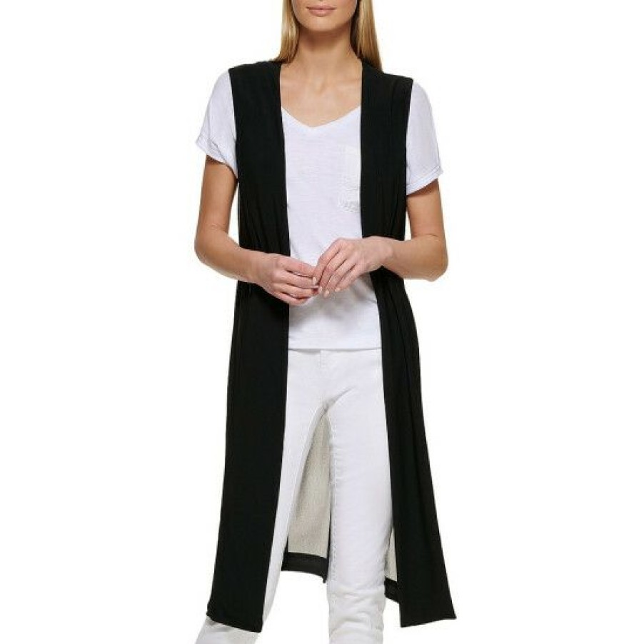 Women'S Clothing * | Best Deal Dkny Mixed Media Crepe Chiffon Open Front Sleeveless Vest Black