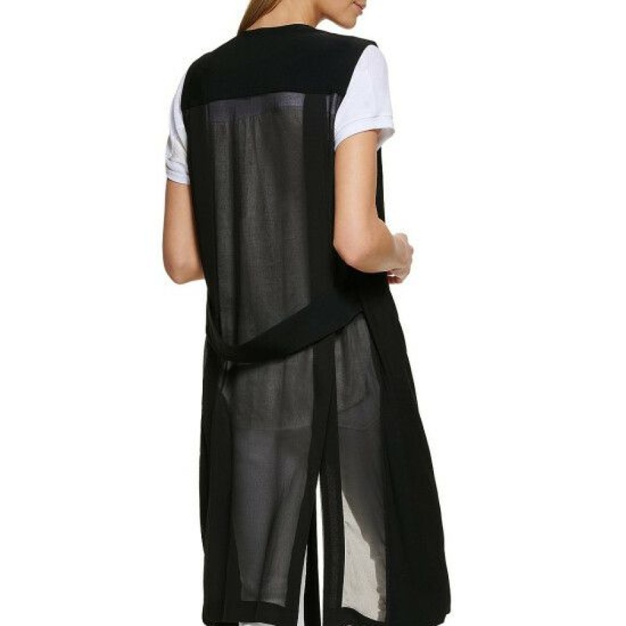 Women'S Clothing * | Best Deal Dkny Mixed Media Crepe Chiffon Open Front Sleeveless Vest Black