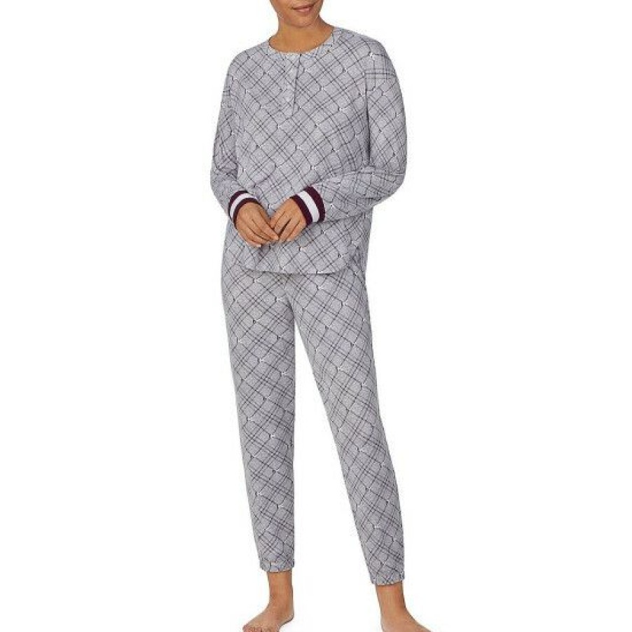 Lingerie * | Best Reviews Of Dkny Argyle Dk Logo Print Round Neck Long Sleeve Pajama Set Grey Print